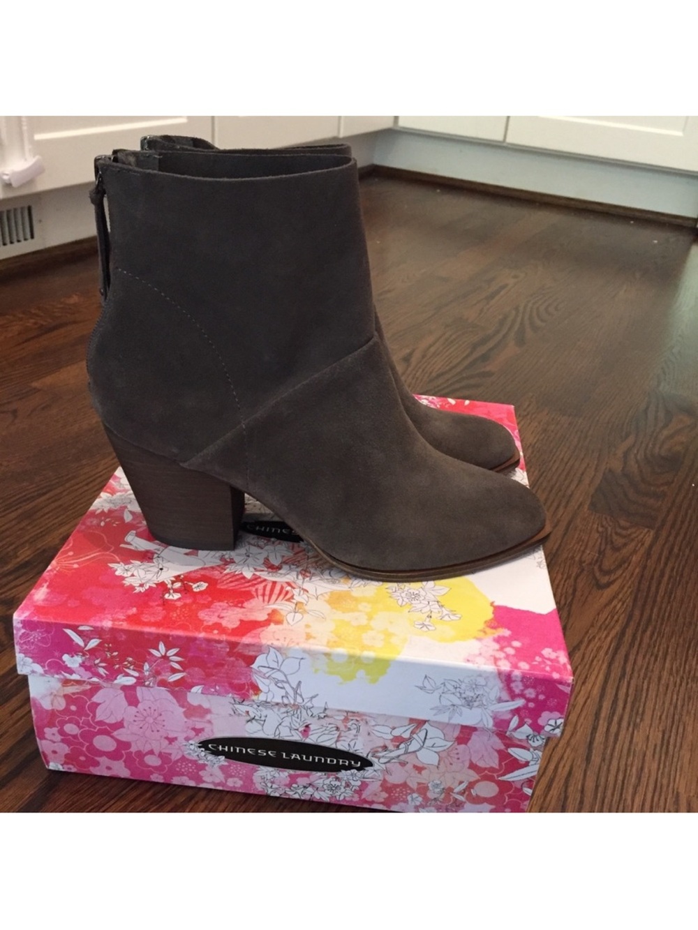 Chinese Laundry Taupe Suede Ankle Booties